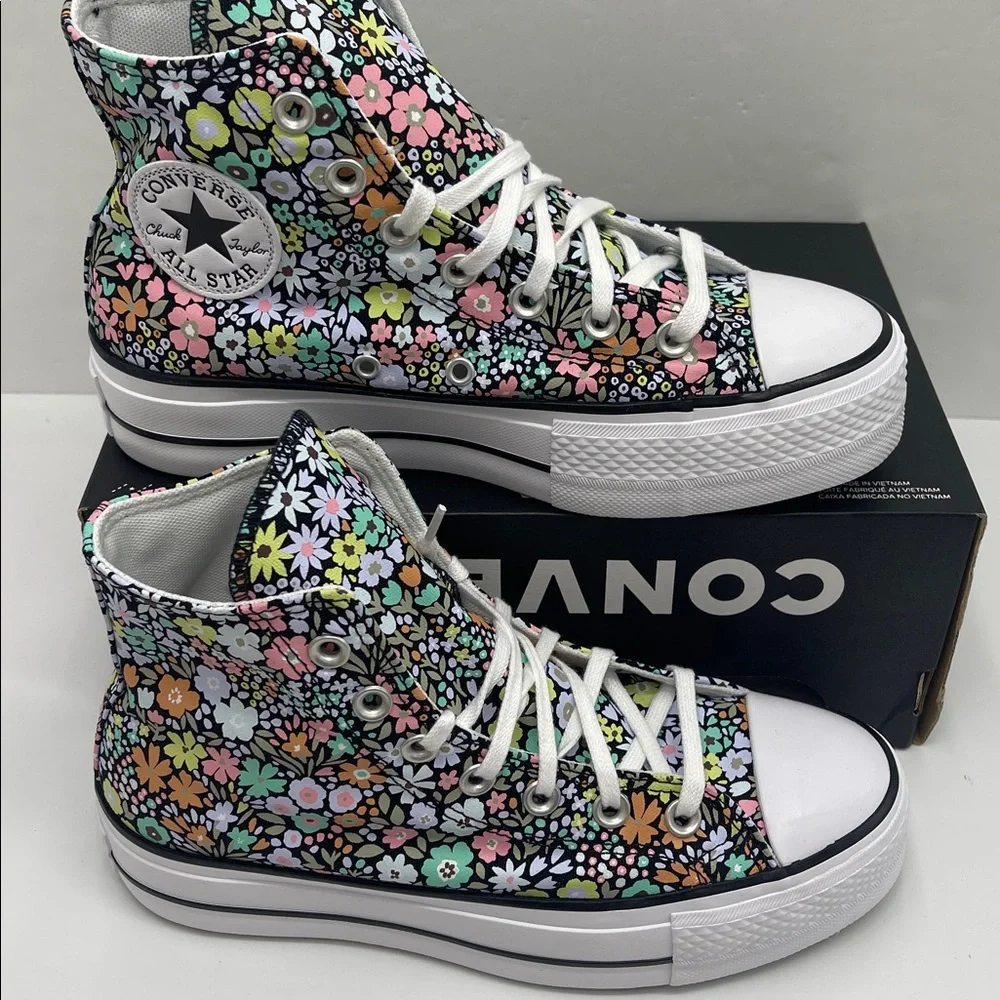 Converse Floral Platform High Top Sneakers - Black with Pastel Flowers